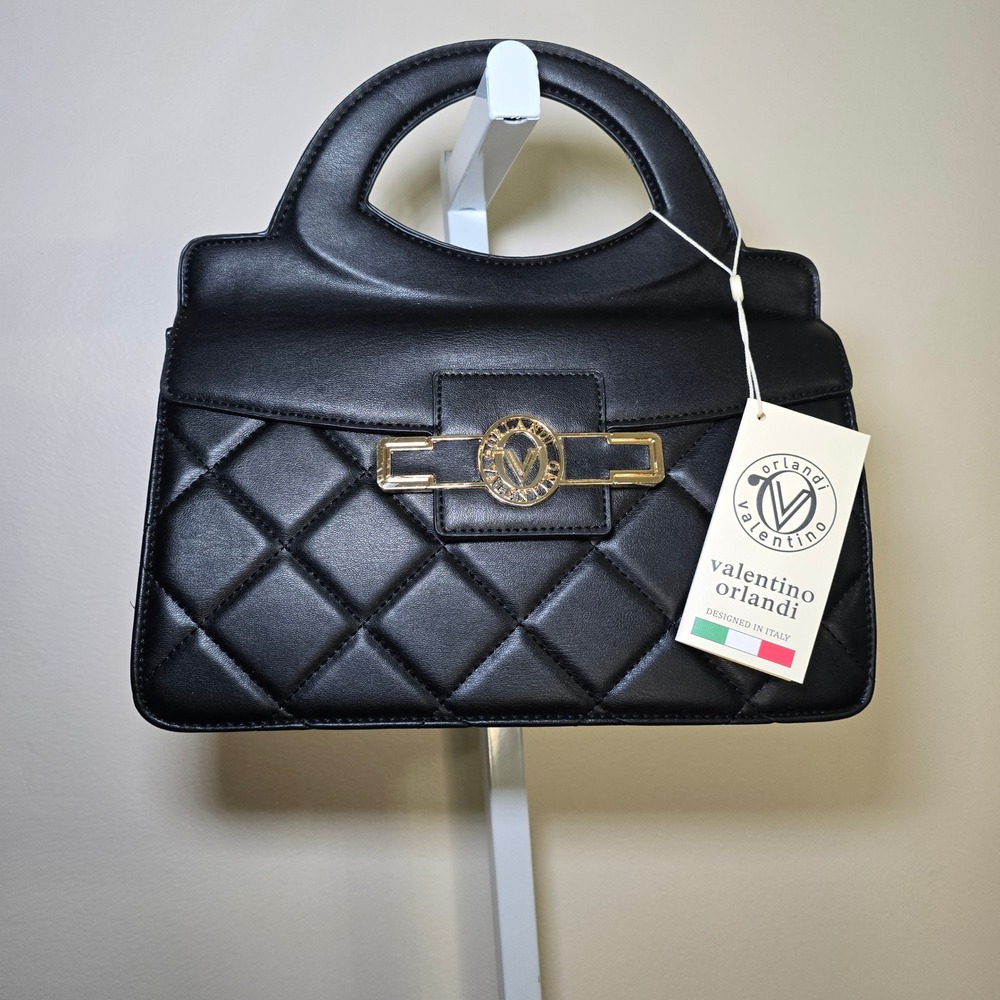 Valentino Orlandi Black Quilted Satchel Handbag Style V2002 MSRP 179‎